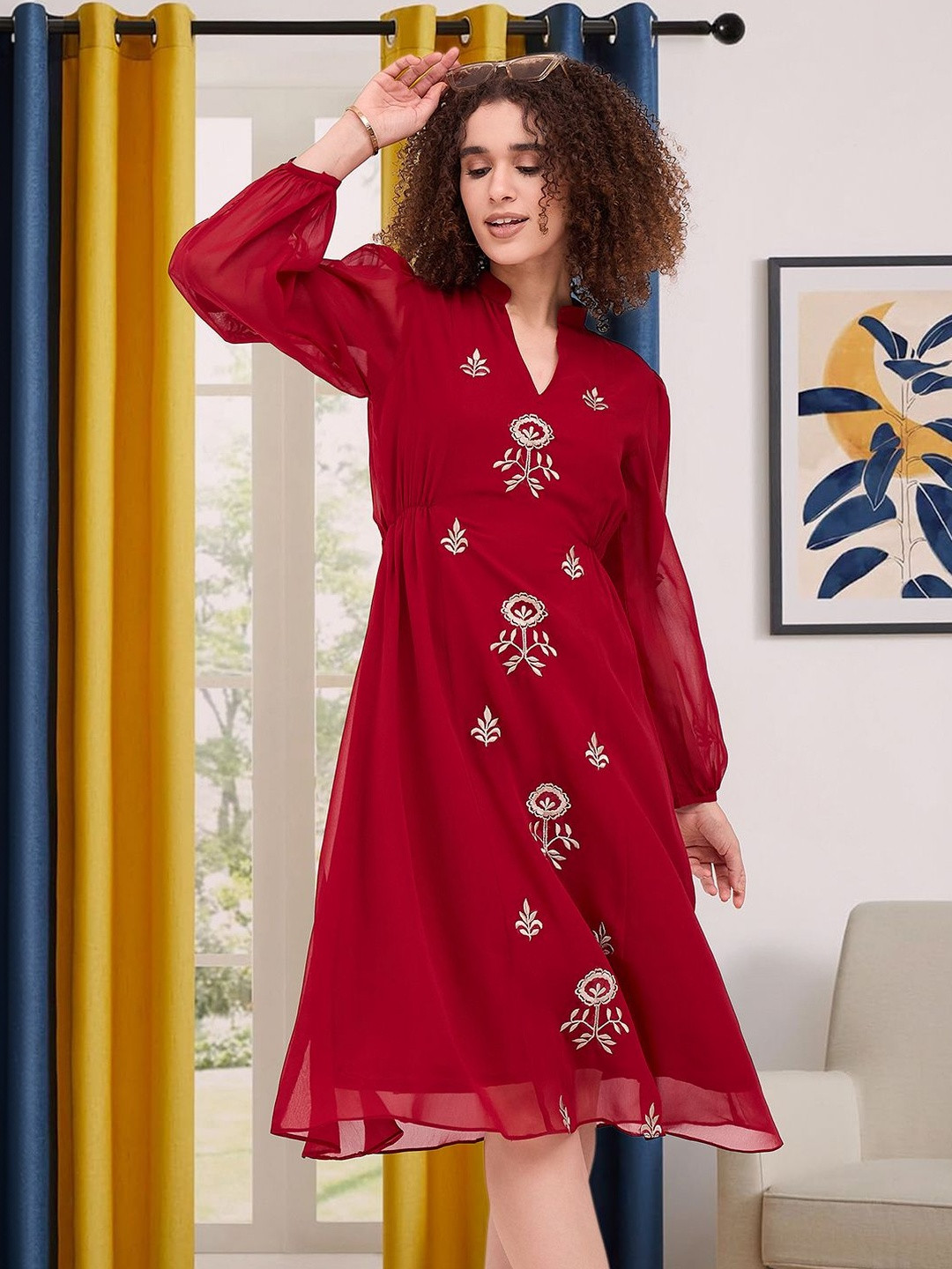 all about you Floral Embroidered Georgette A-Line Midi Dress