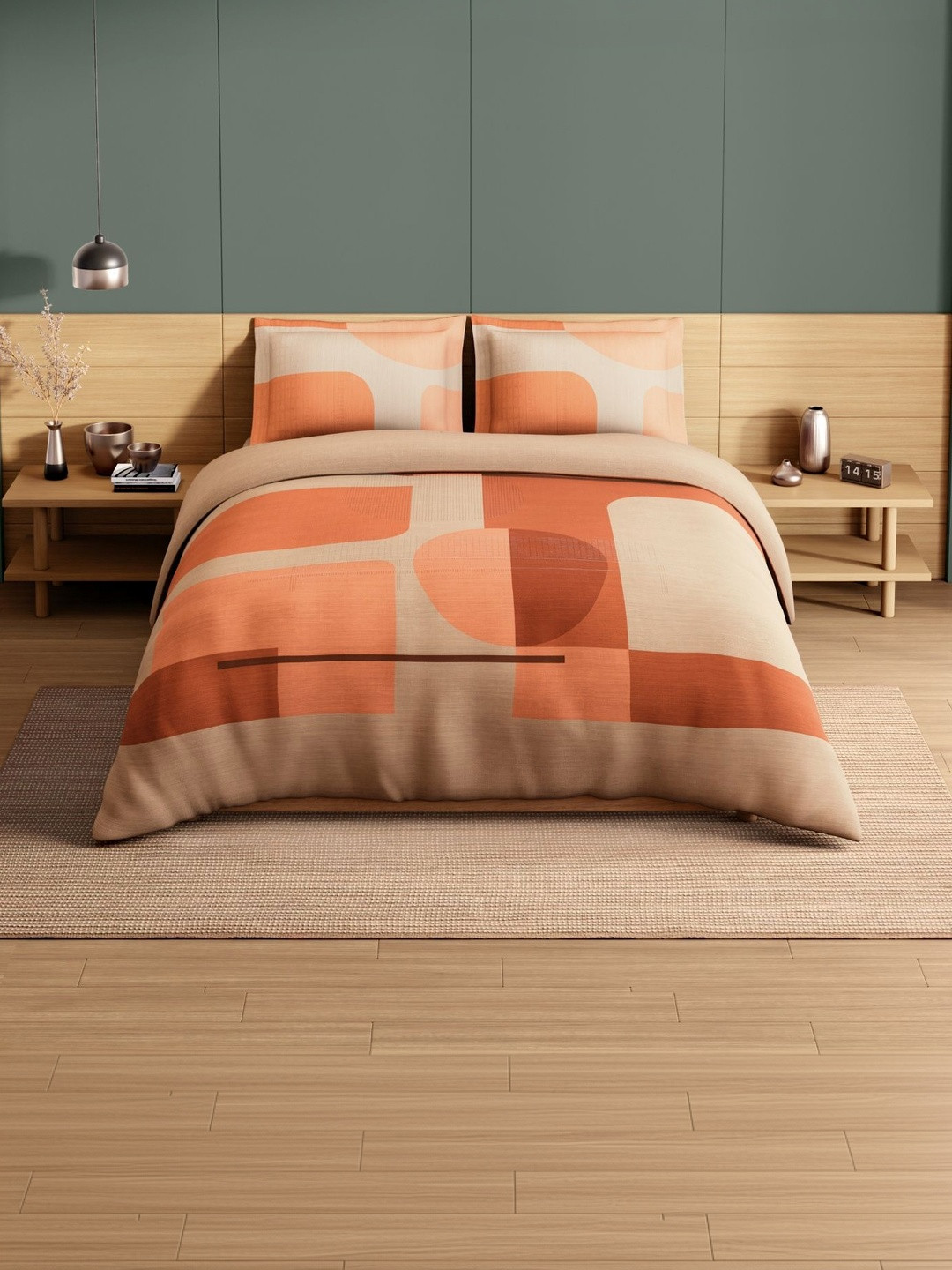 SPACES Beige Geometric 210 TC King Bedsheet with 2 Pillow Covers