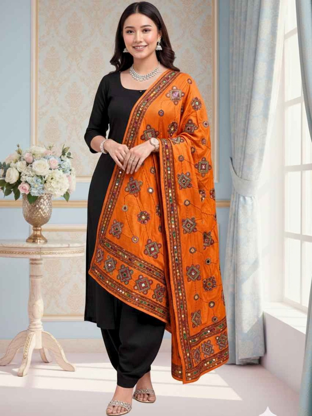 Moda Rapido Ethnic Motifs Embroidered Dupatta with Mirror Work