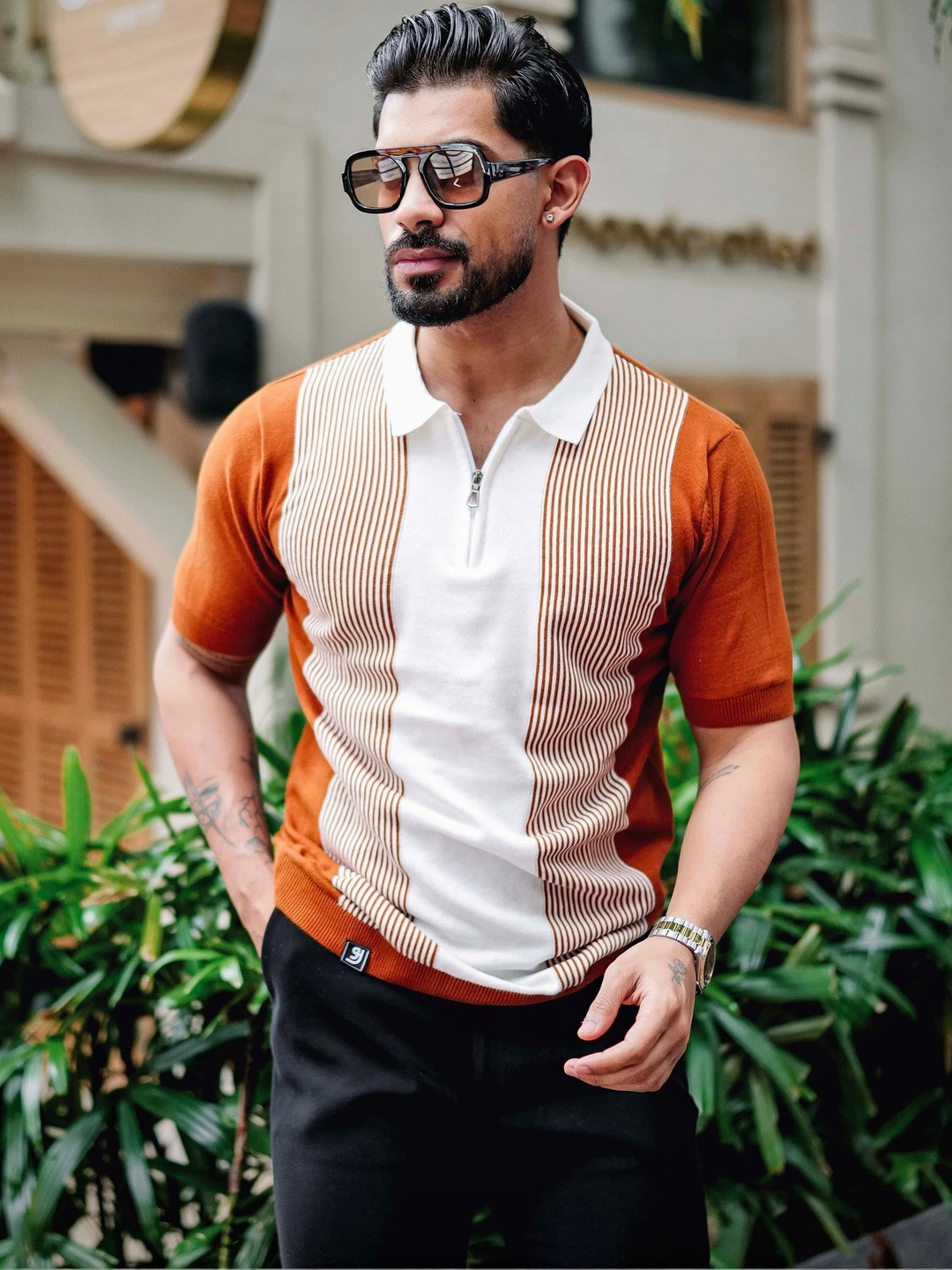 Hamercop Orange With White Knitted Cotton Zipper Polo T-Shirt