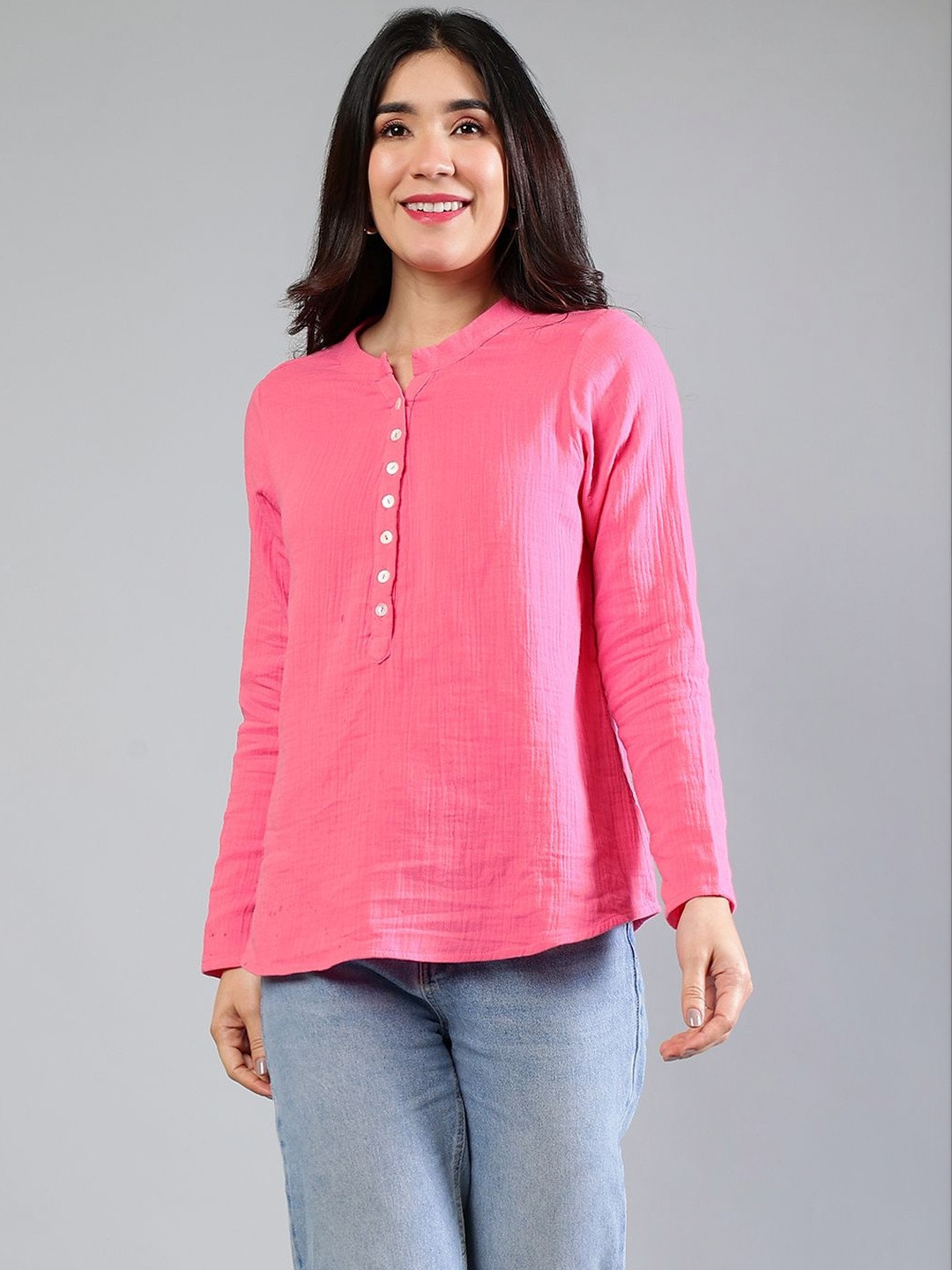 Peppinos Women Pink Solid Cotton Mandarin Collar Kurti Style Top