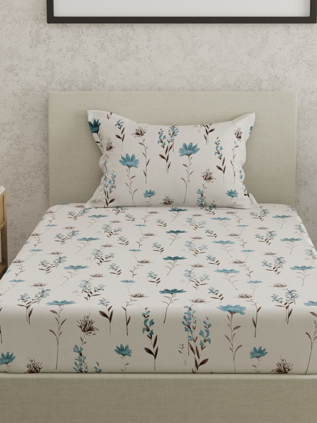 Huesland Off White Floral 144 TC Single Bedsheet with 1 Pillow Covers