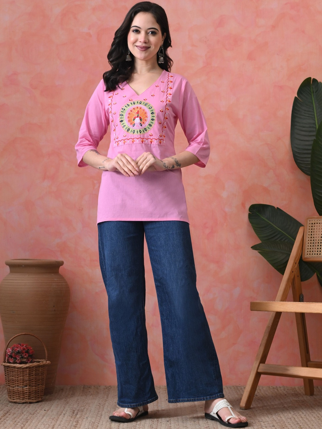 JEMCY Embroidered Ethnic Cotton Blend Top