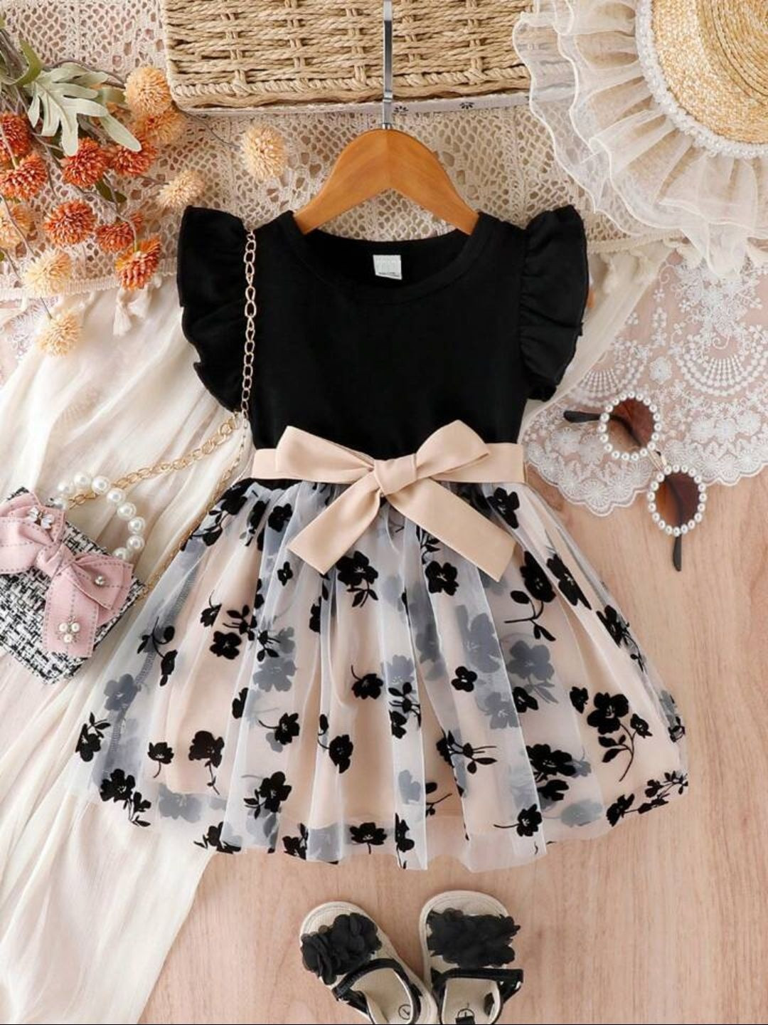 TIOR Floral Print Flutter Sleeve Fit & Flare Dress