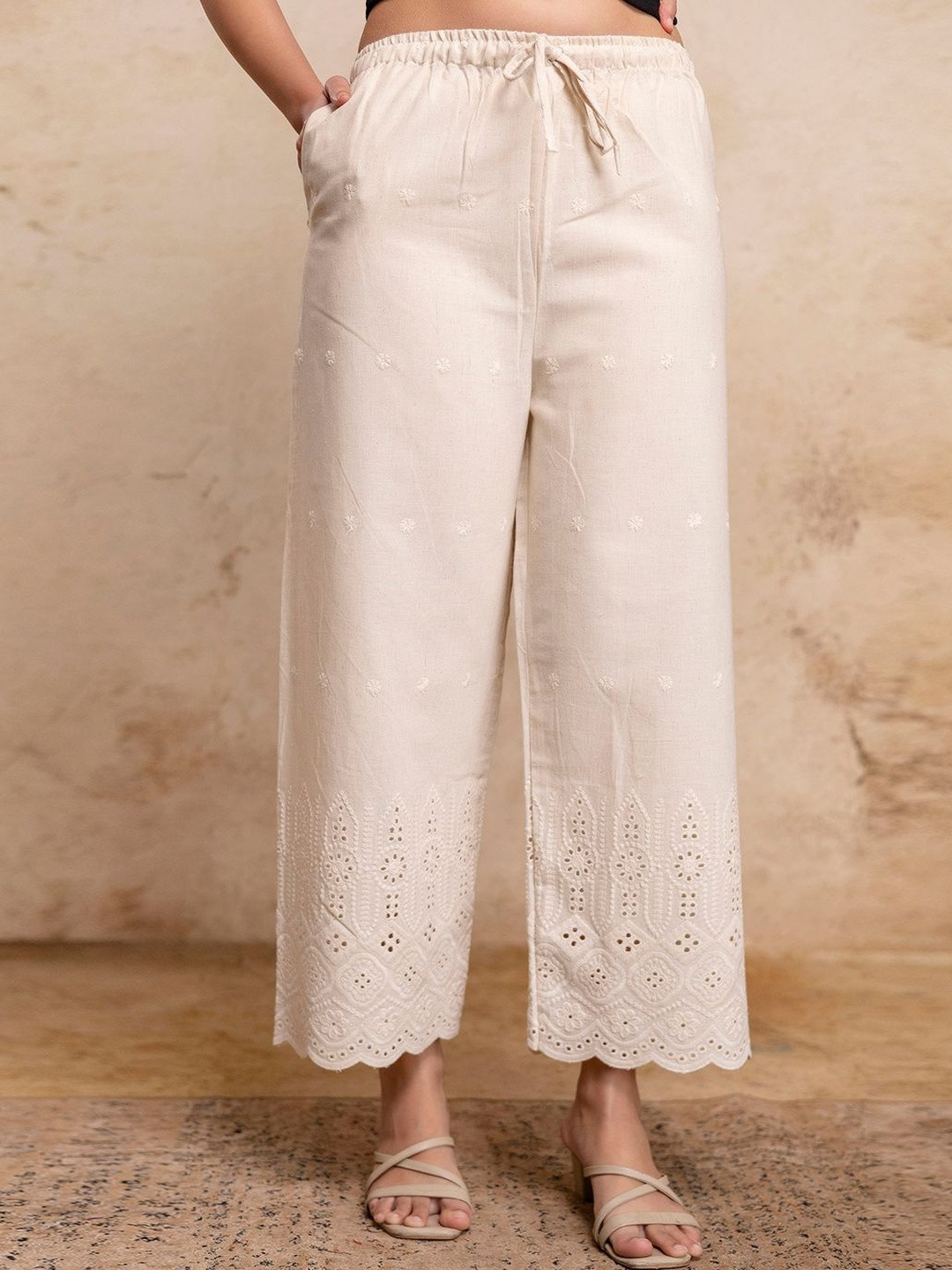 FERANOID Women Embroidered Knitted Ethnic Palazzos