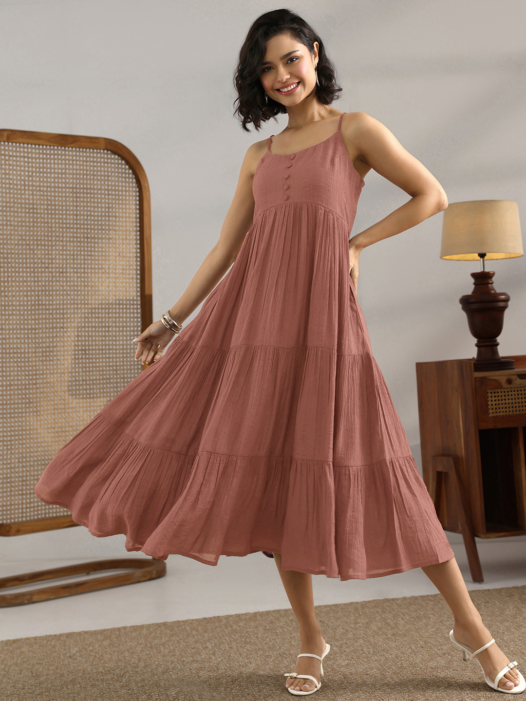 Libas Women Mauve Solid Fit And Flare One Piece Dress
