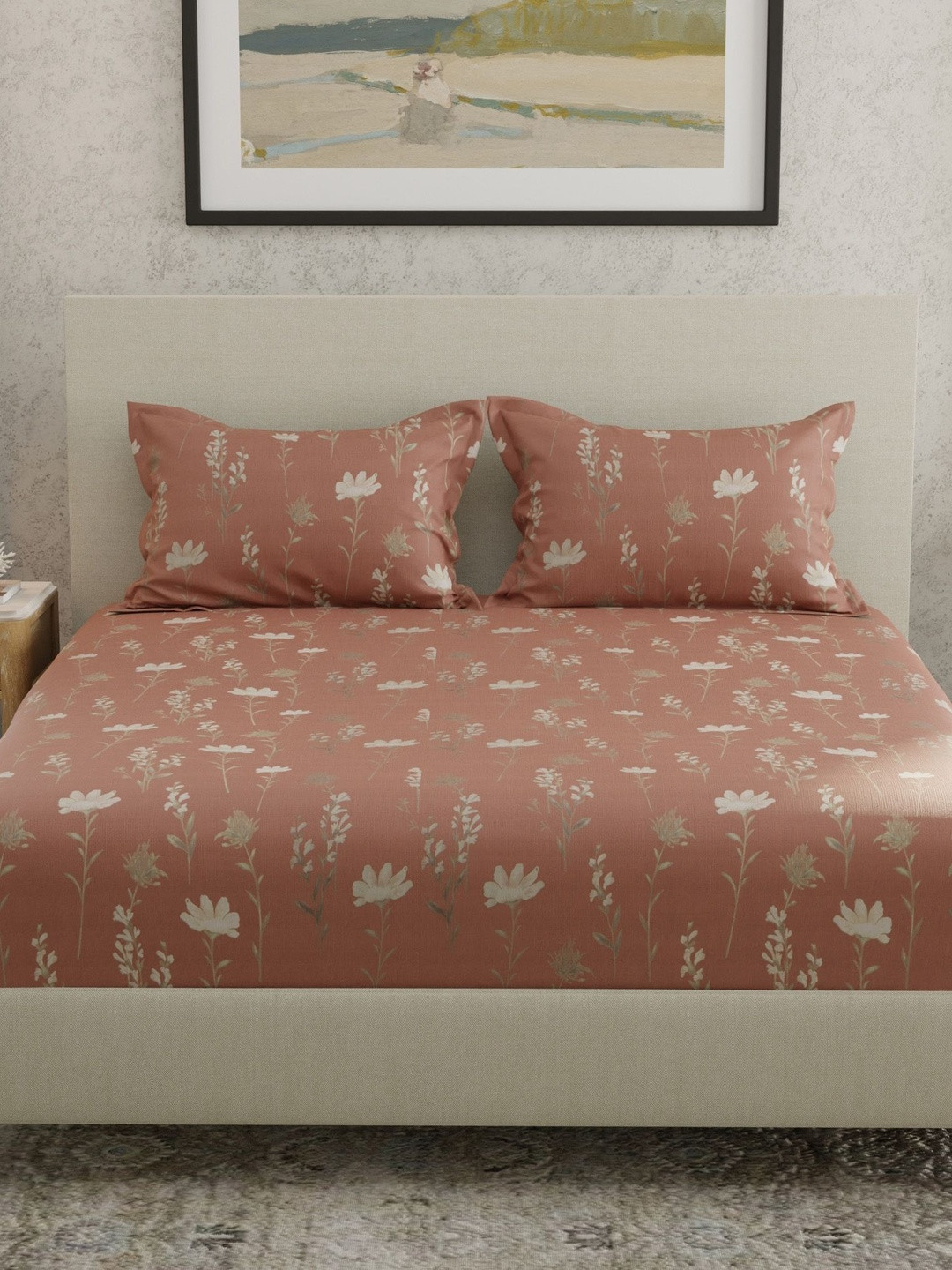Huesland Peach-Coloured Floral 144 TC Bedsheet with 2 Pillow Covers-2.75 x 2.75 cm