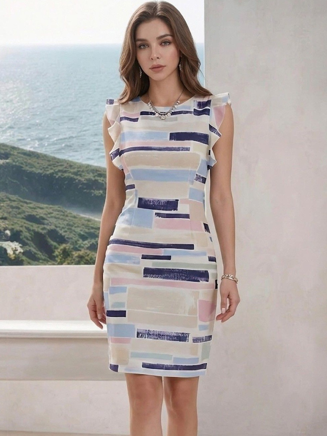 Elchic Print Flutter Sleeve Sheath Dress