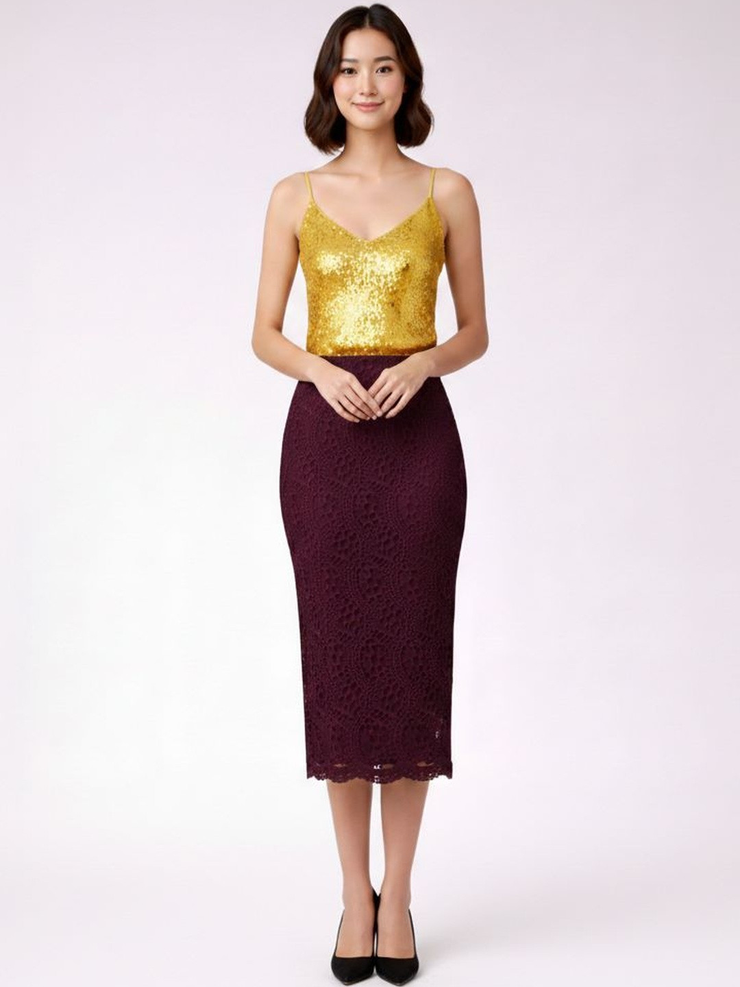Pookiie Self design Straight Midi Skirts