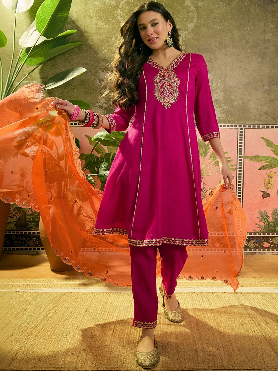 Sangria Embroidered V-Neck Kurta Sets