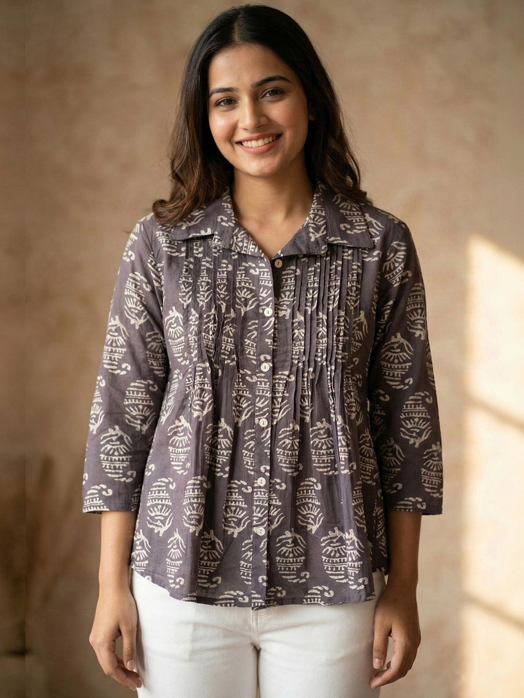 SITU Women Grey Printed Cotton Top