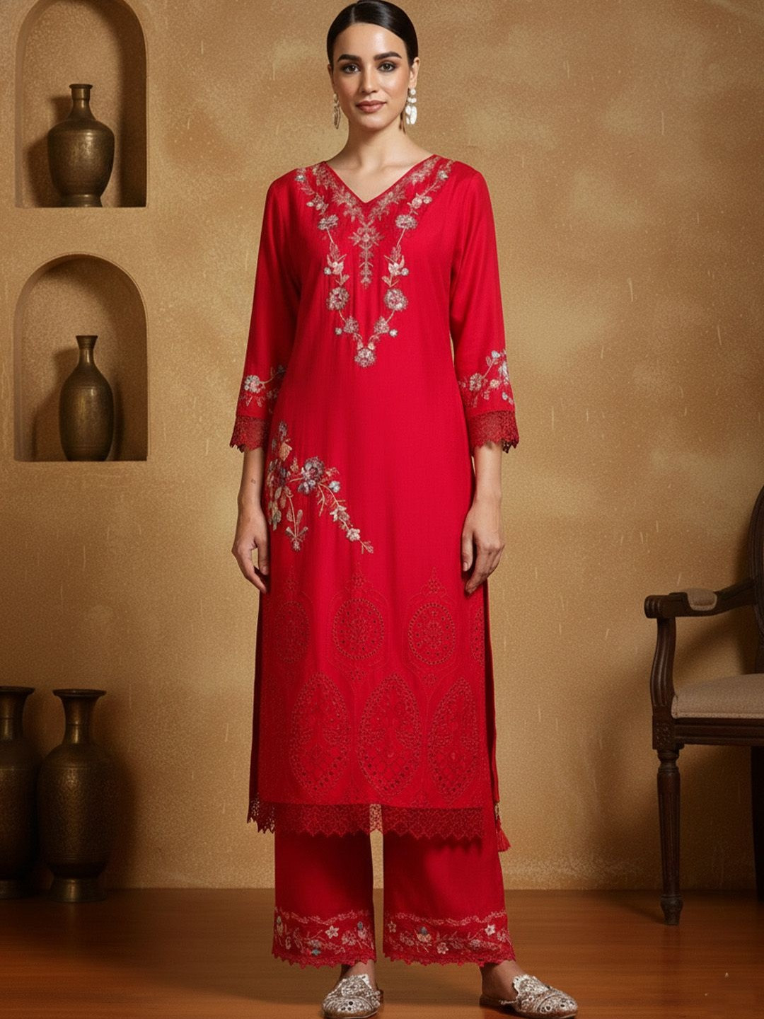 Anouk Women Floral Embroidered Regular Thread Work Pure Cotton Kurta with Palazzos & With Dupatta