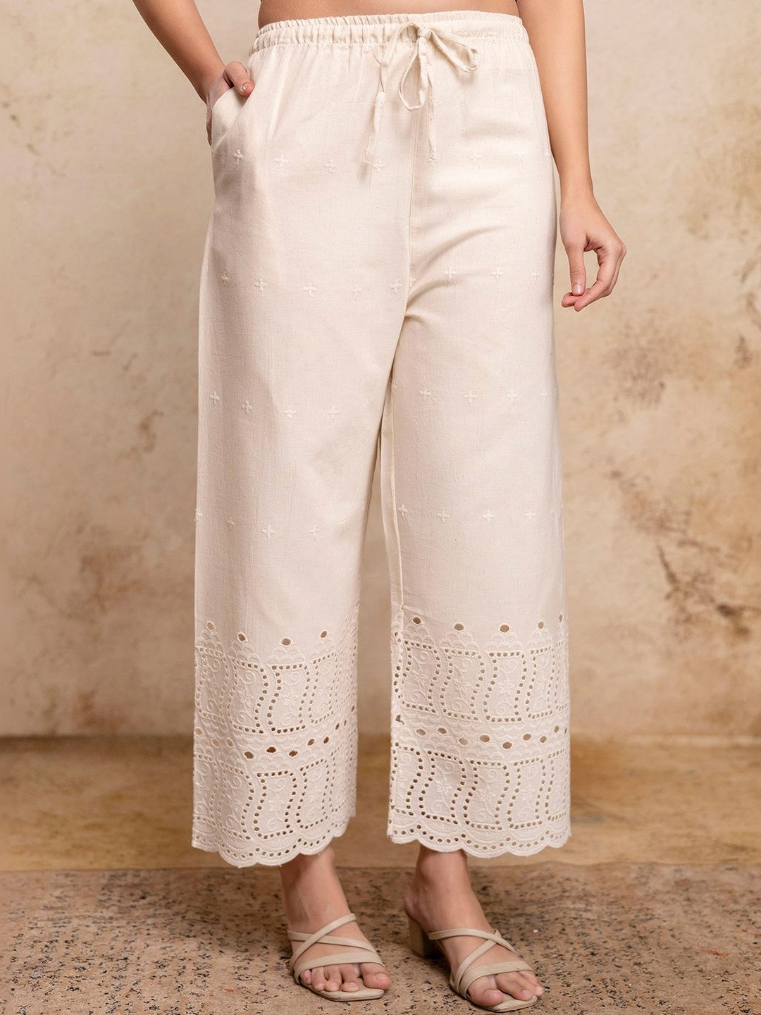 FERANOID Women Embroidered Knitted Ethnic Palazzos