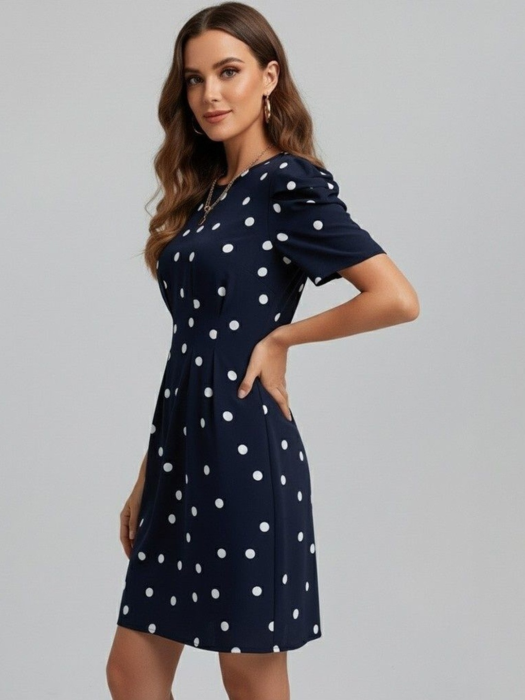 Elchic Polka Dot Print Puff Sleeve A-Line Dress