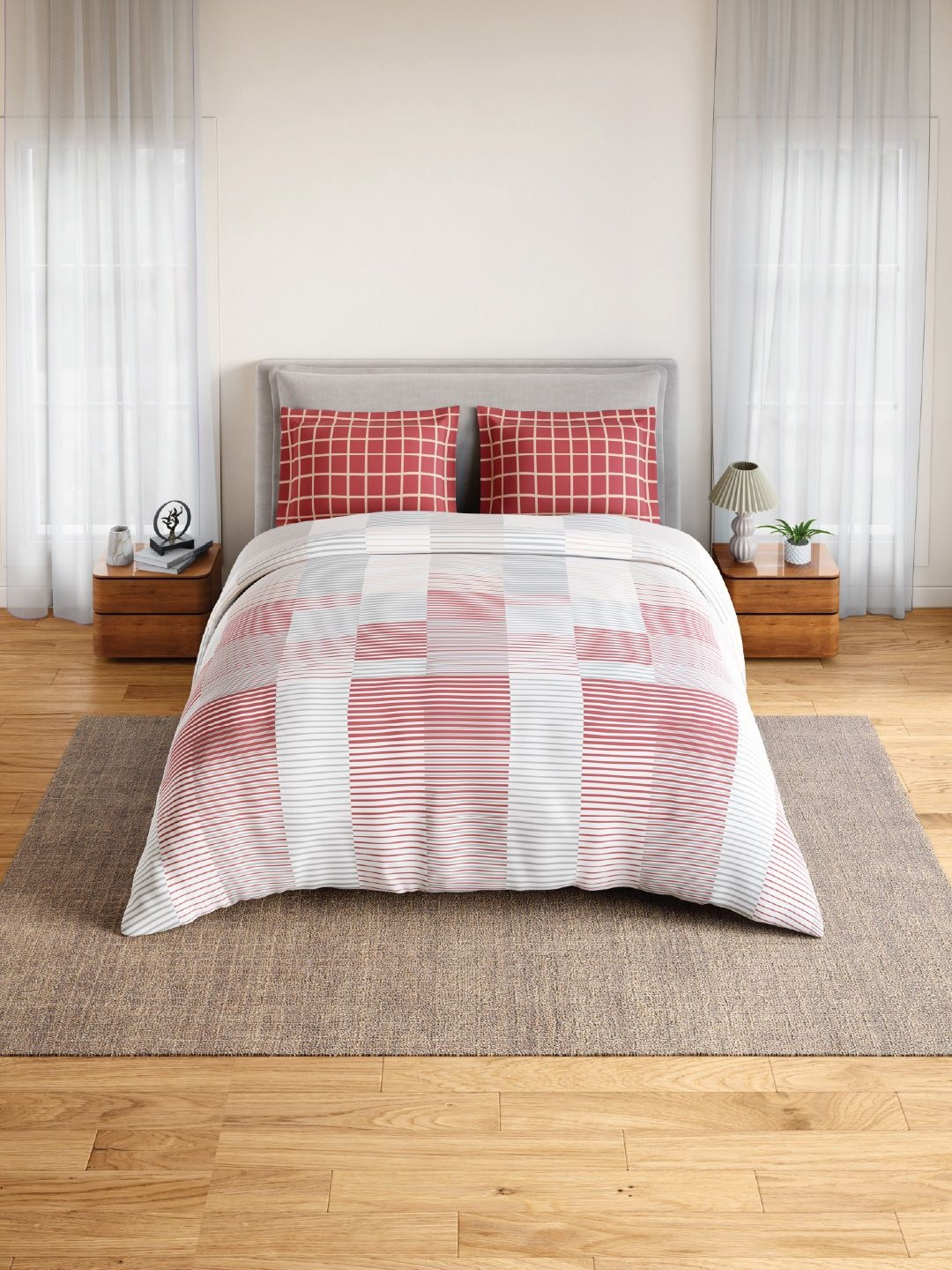 SPACES Red Geometric 144 TC King Bedsheet with 2 Pillow Covers