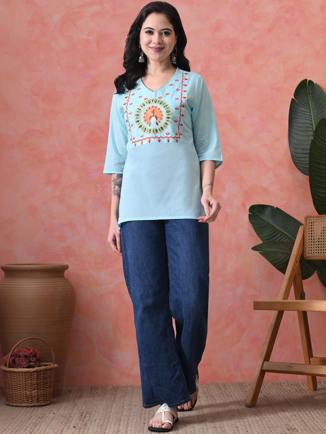 JEMCY Embroidered Cotton Blend Top