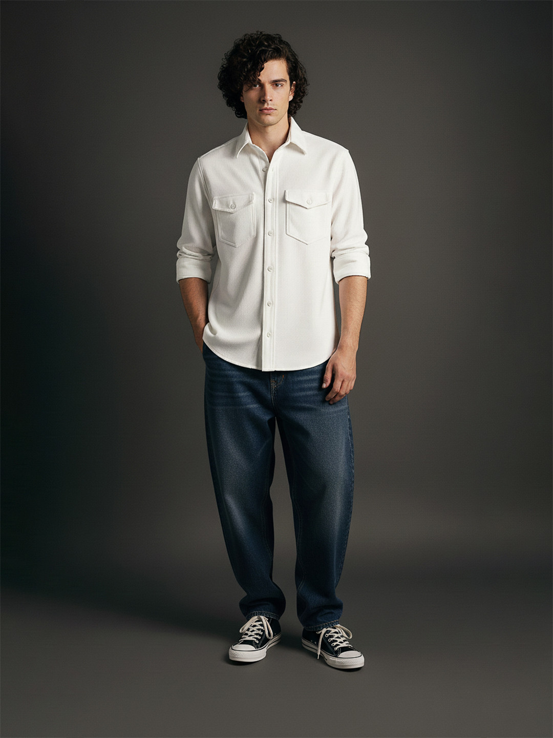 VEYTRO Textured Spread Collar Jacquard Fabric Casual Shirt
