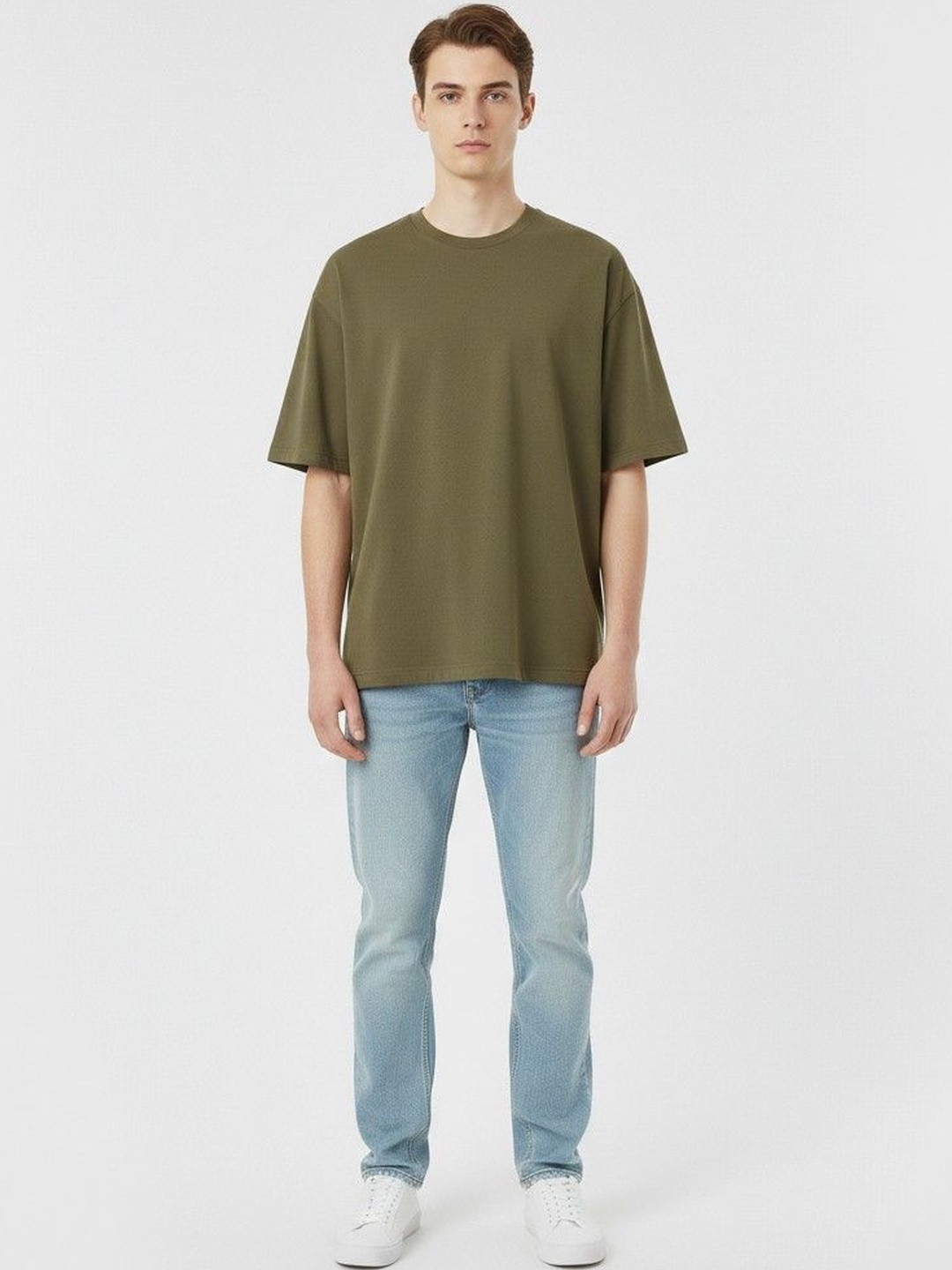 Olive Green Oversized Drop-Shoulder Cotton T-shirt