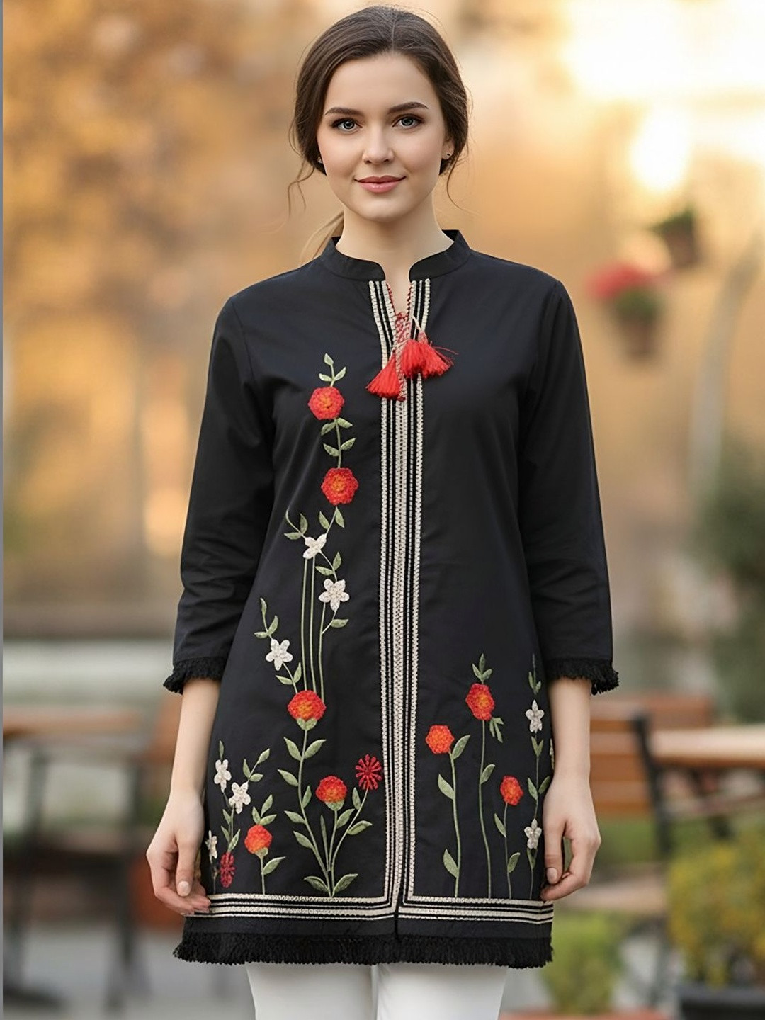 Zolo Label Floral Embroidered Mandarin Collar Ethnic Cotton Blend Top