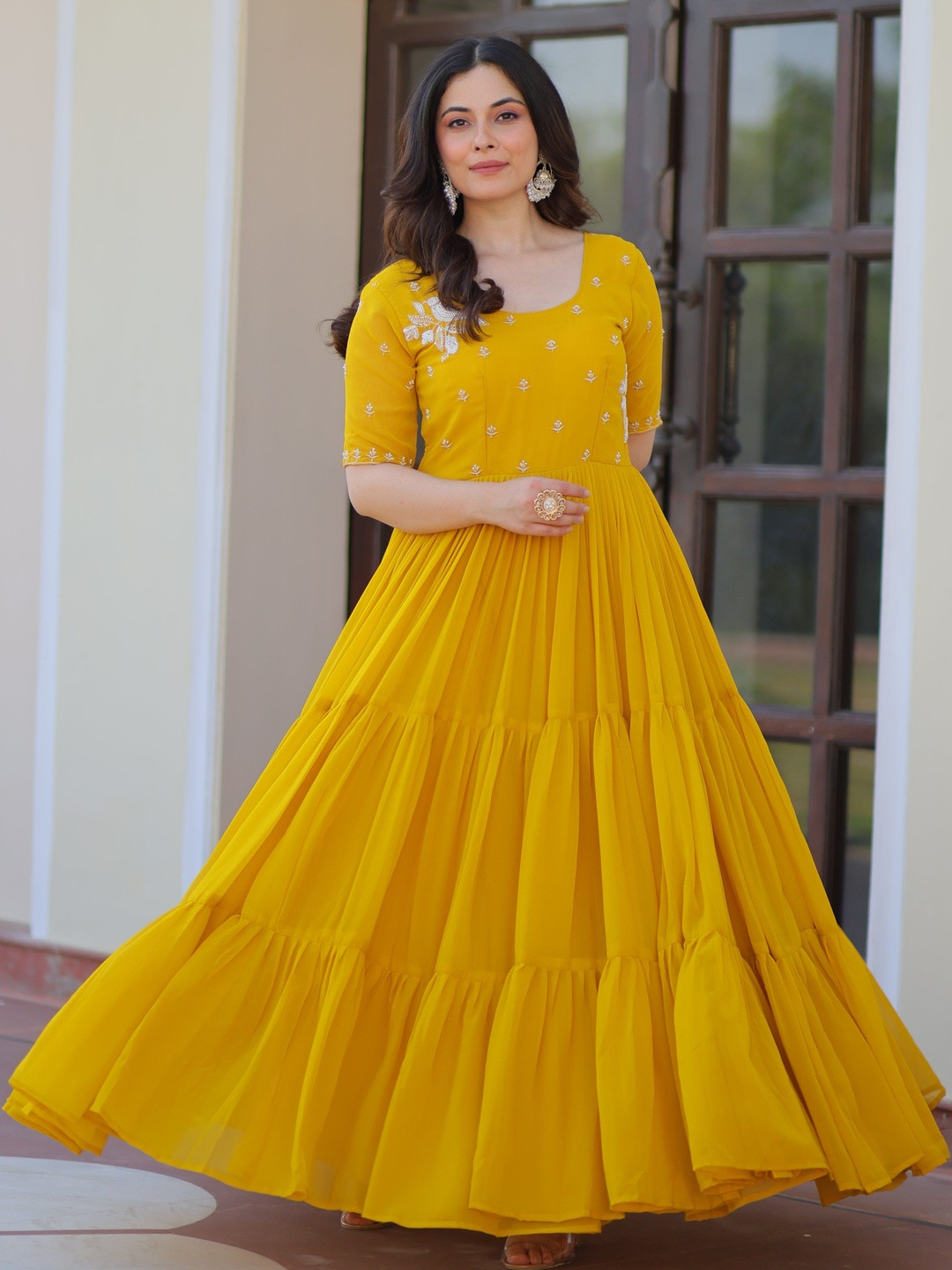 FoxDX Embroidered Round Neck Flared Maxi Dress
