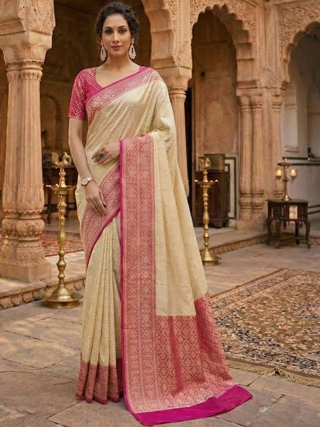 Mitera Ethnic Motifs Zari Silk Blend Banarasi Saree