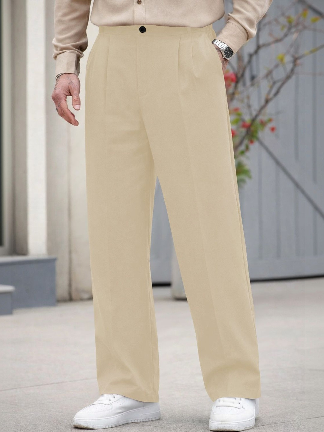 HAPPY KHAJANA Men Relaxed Straight Leg Pleated Trousers