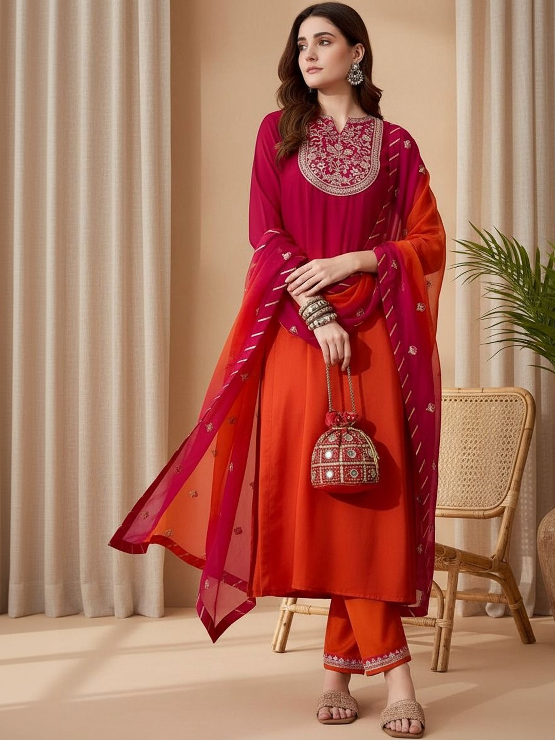 J.KANJI Women Ombre Embroidered Regular Thread Work Kurta with Trousers & With Dupatta