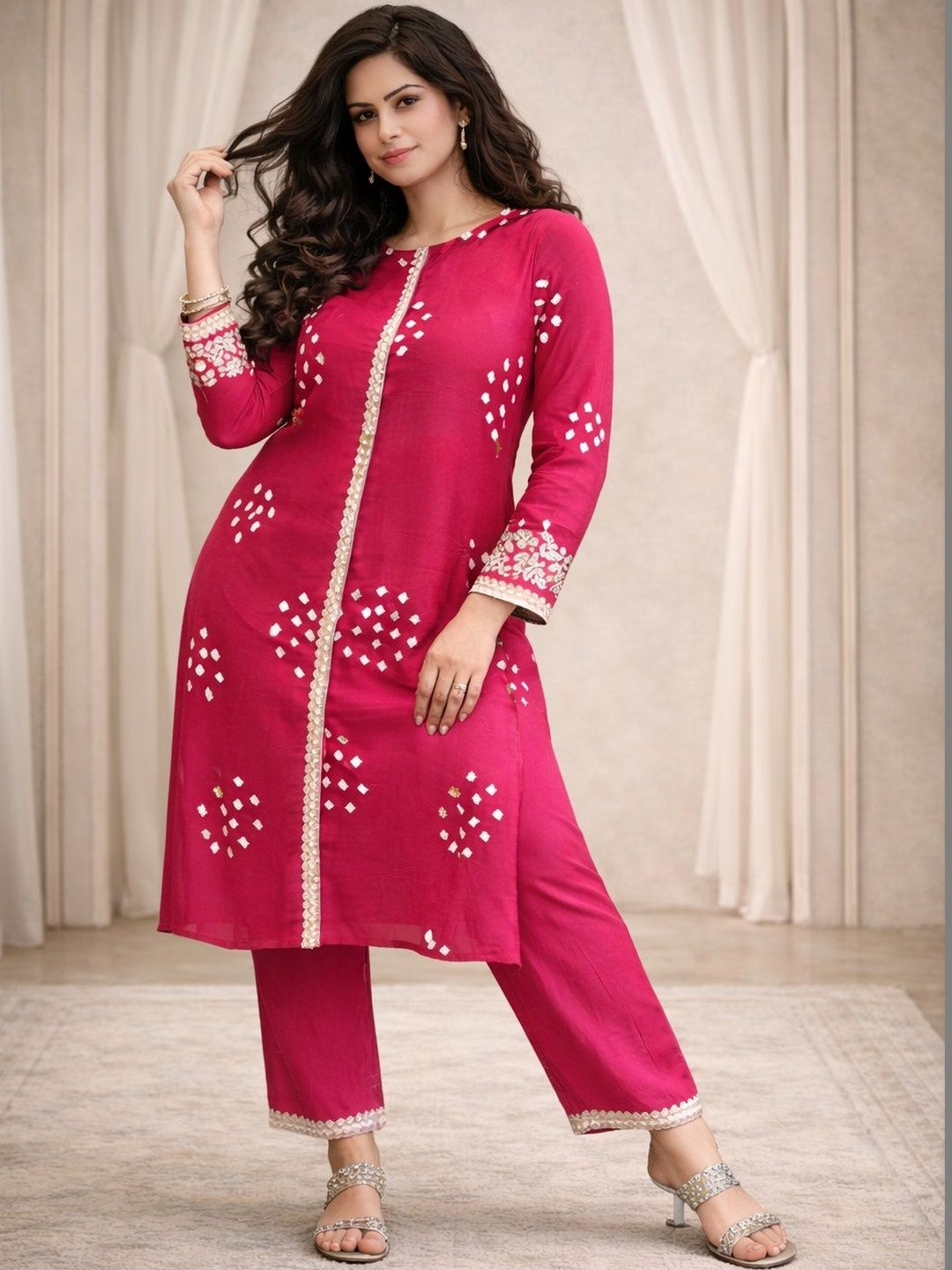 Dhibha Women Ethnic Motifs Printed Regular Thread Work Kurta with Trousers