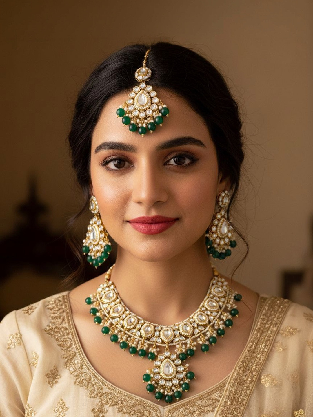 SAMC Gold-Plated Kundan-Studded & Beaded Jewellery Set