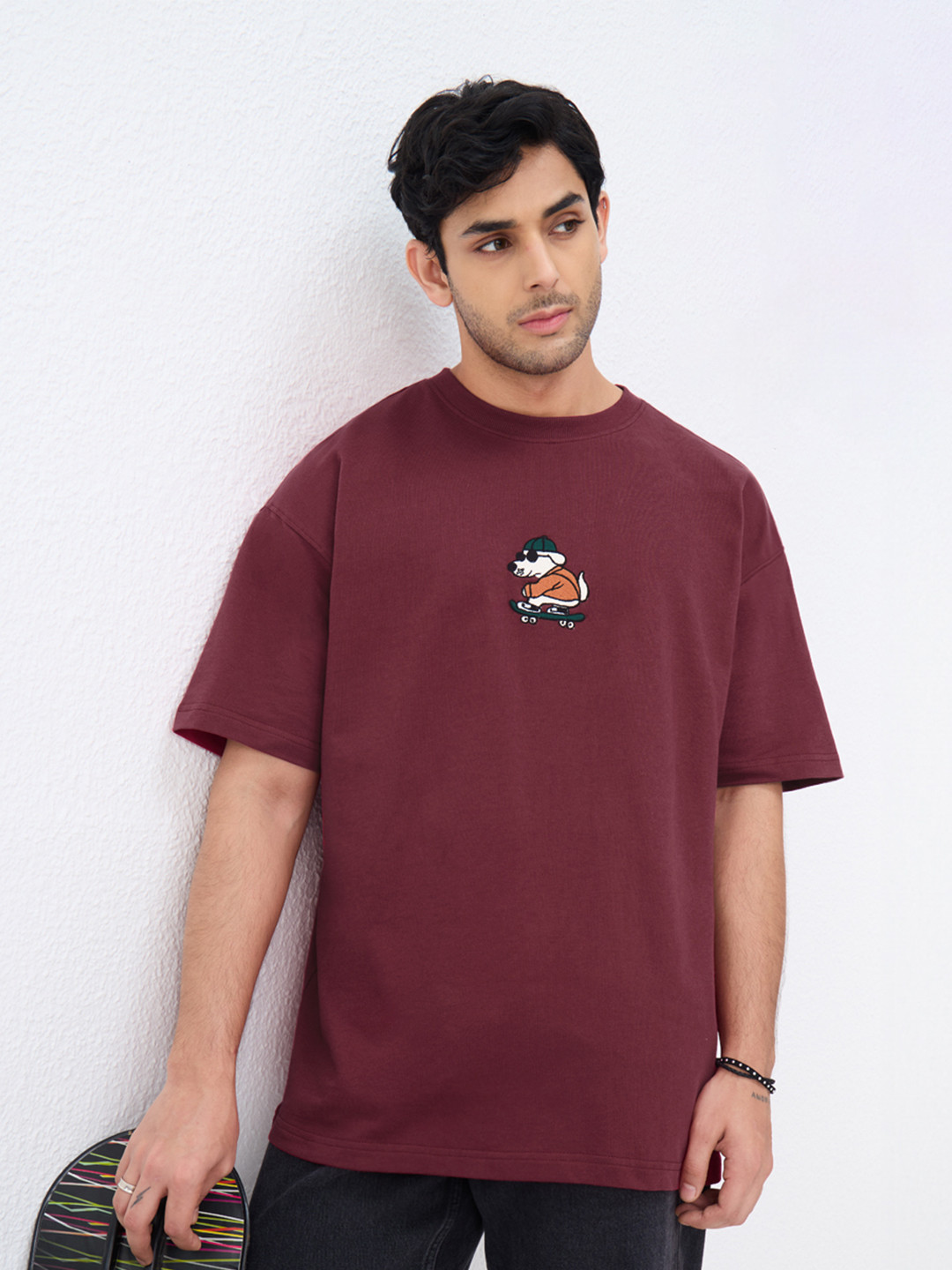 The Souled Store Men Oversized Fit Printed Maroon T-Shirts