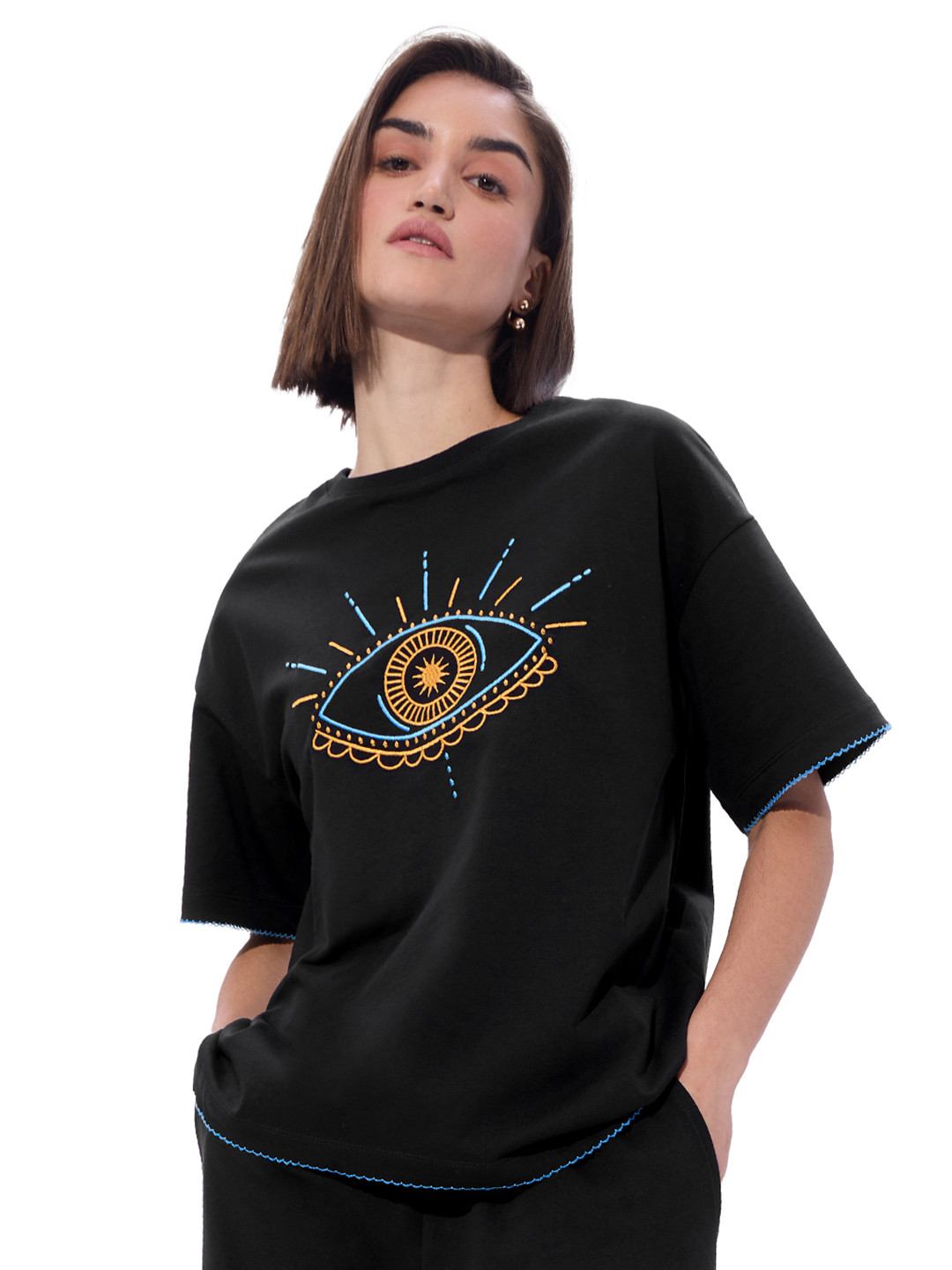 The Souled Store Women Oversized Fit Printed Black T-Shirts