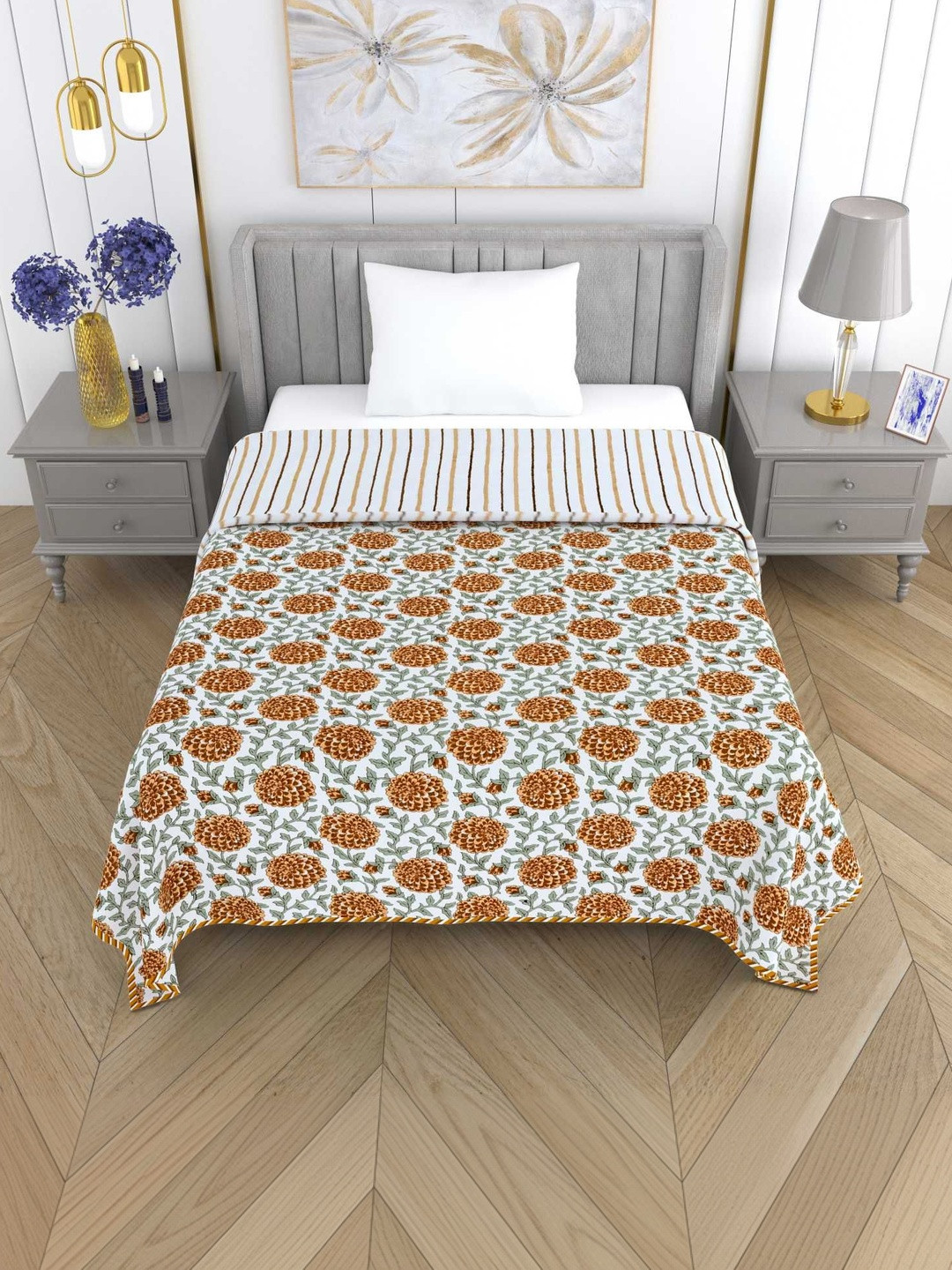 MAFATLAL Camel Brown & White Floral AC Room 300 GSM Dohar