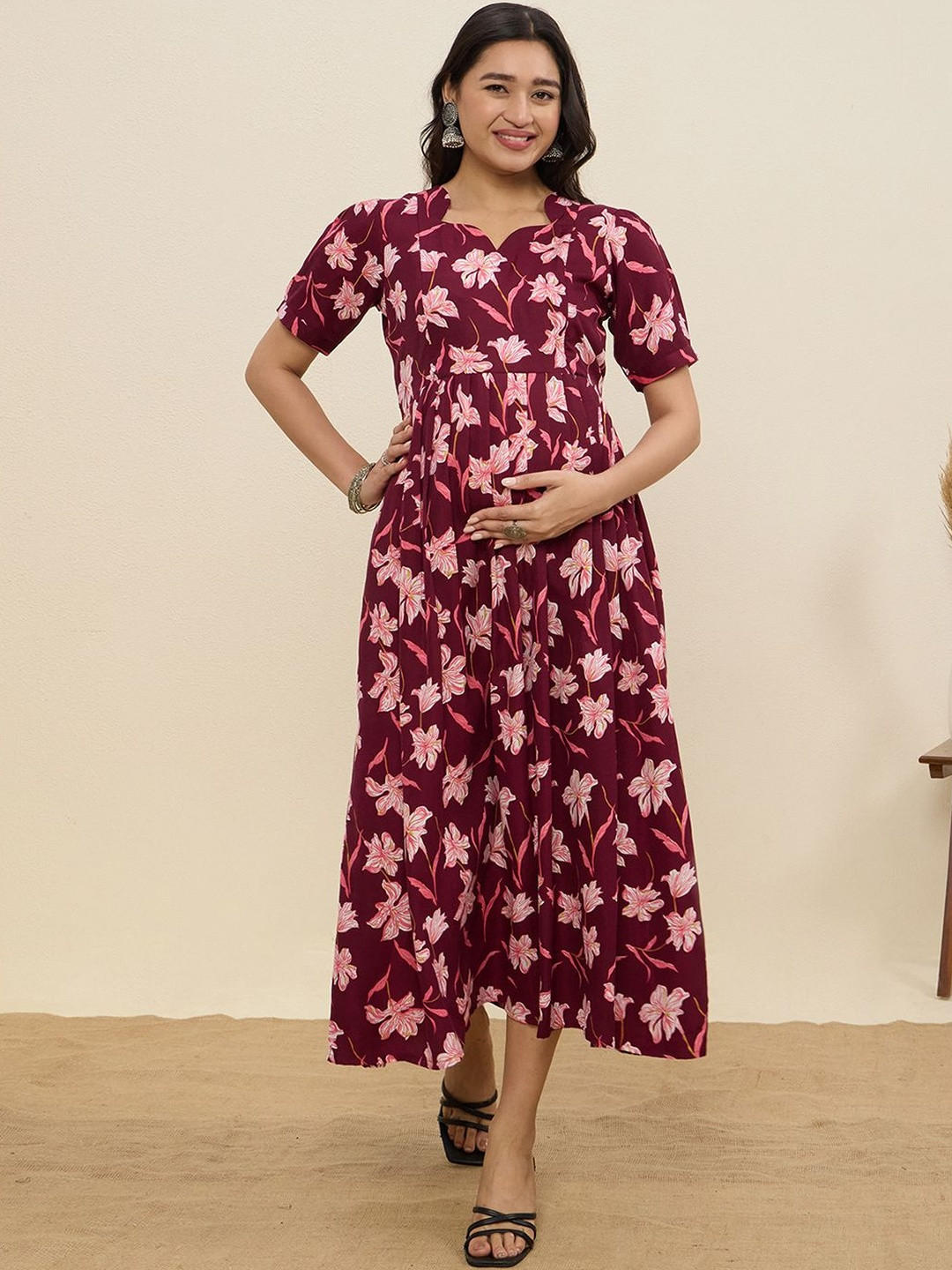 MomToBe Maternity Floral Polyester Midi Fit & Flare Dress
