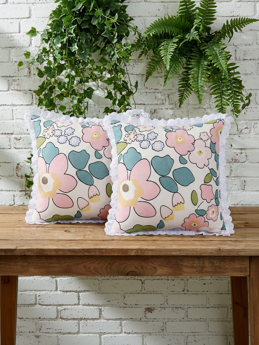 RD TREND Blue Lace Border Cushion Cover Set of 2 16x16 inch