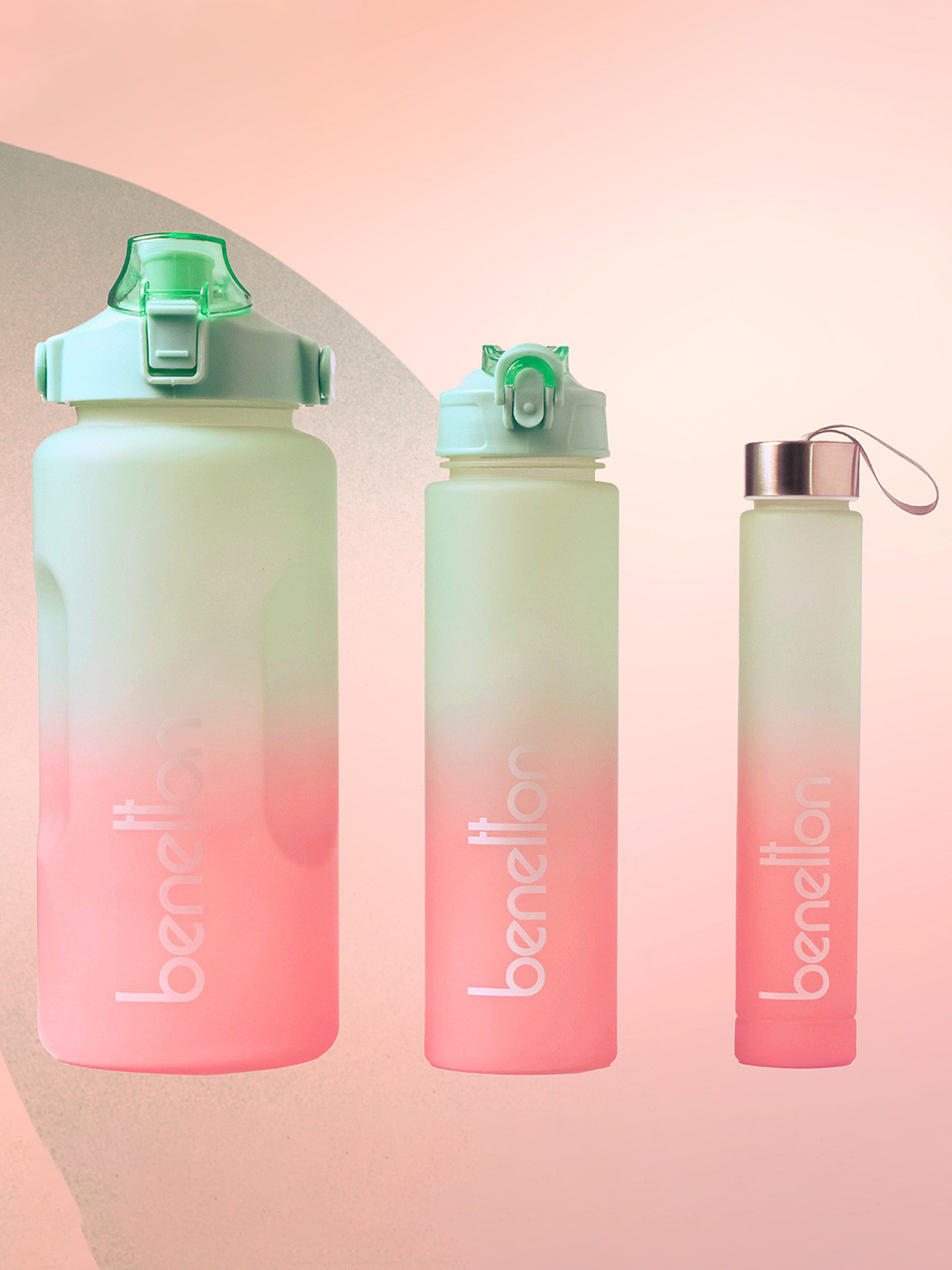 United Colors of Benetton Green & Pink Set of 3 Plastic Colourblocked Water Bottle