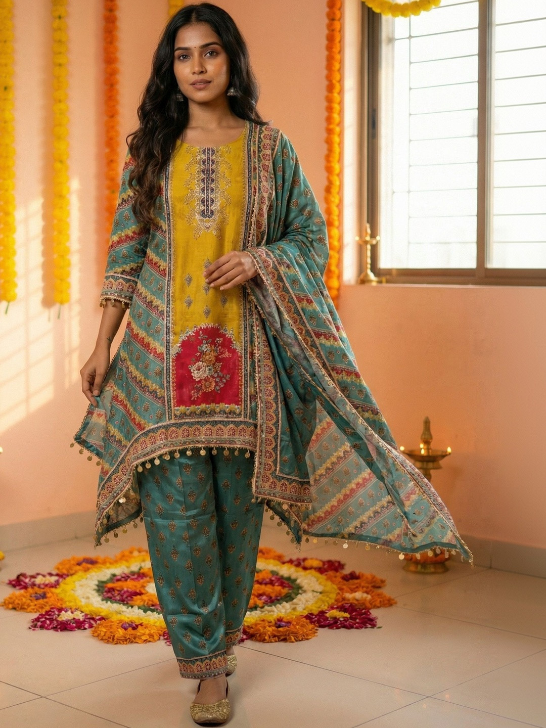 House of Pataudi Embroidered Round Neck Kurta & Pyjamas With Dupatta