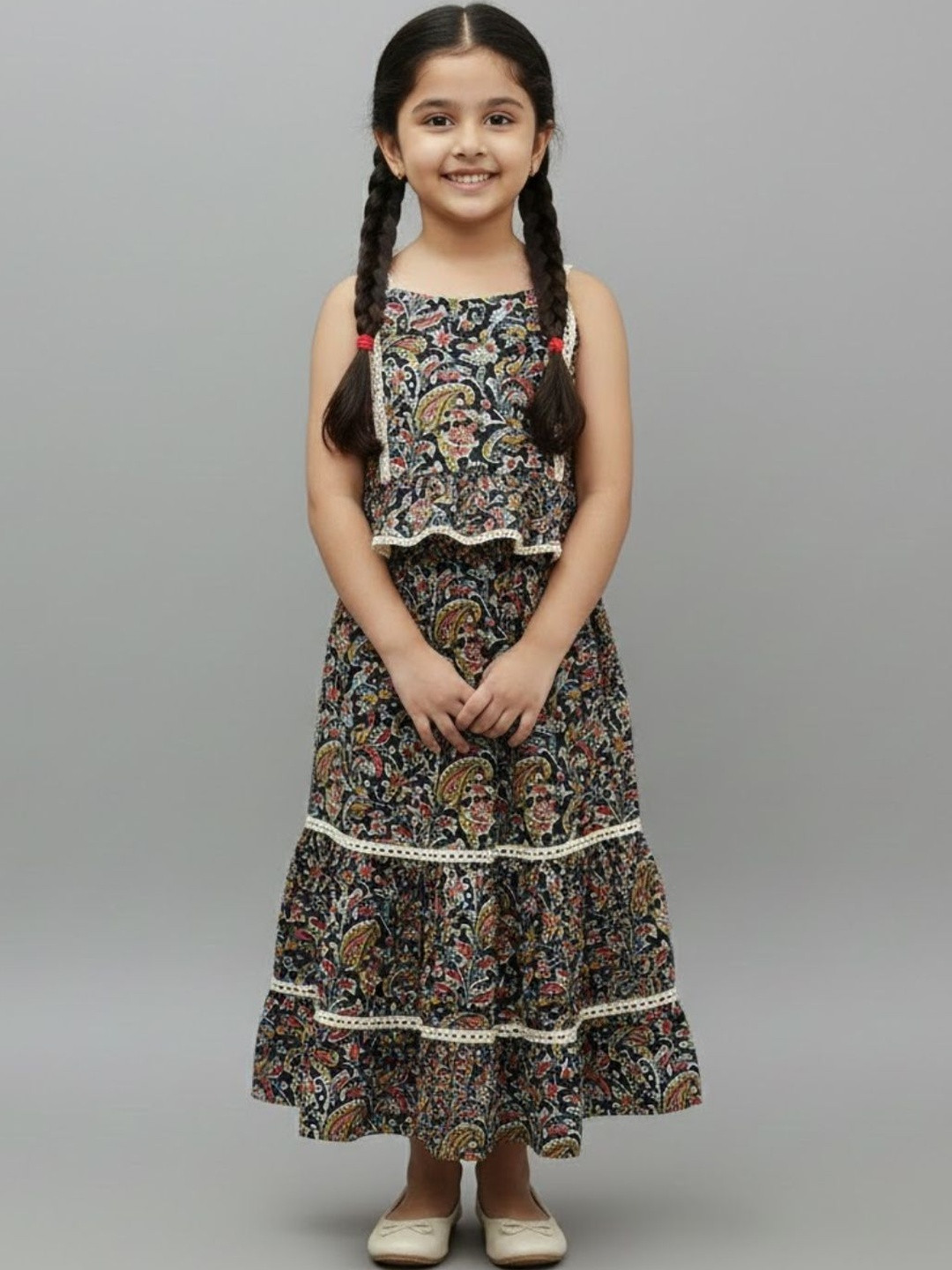 Bholukart Girls Paisley Printed Tiered Raw Silk Top with Skirt