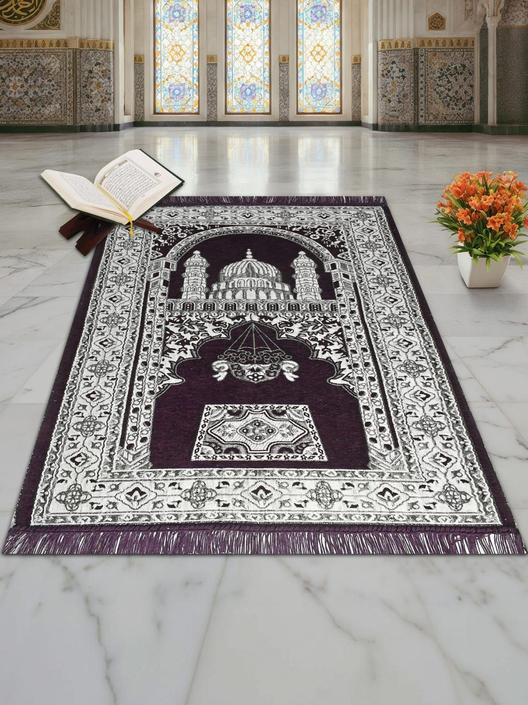 Furnishing Hut Namaz Purple & White Floral Woven Design Eco Friendly Prayer Mat