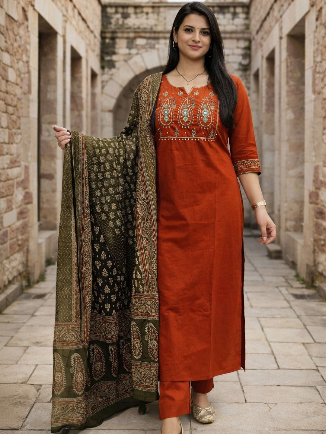 KALINI Women Ethnic Motifs Embroidered Regular Thread Work Pure Cotton Kurta with Trousers & With Dupatta