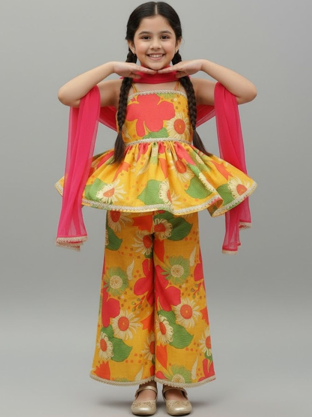 Bholukart Girls Floral Printed Empire Raw Silk Kurti with Palazzos & With Dupatta