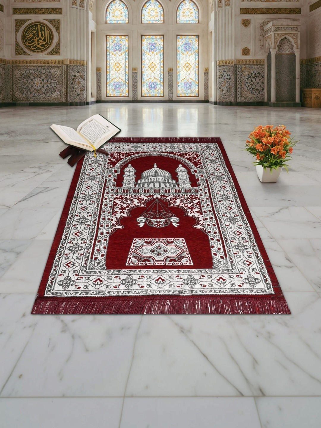 Furnishing Hut Namaz Maroon & White Floral Woven Design Eco Friendly Prayer Mat