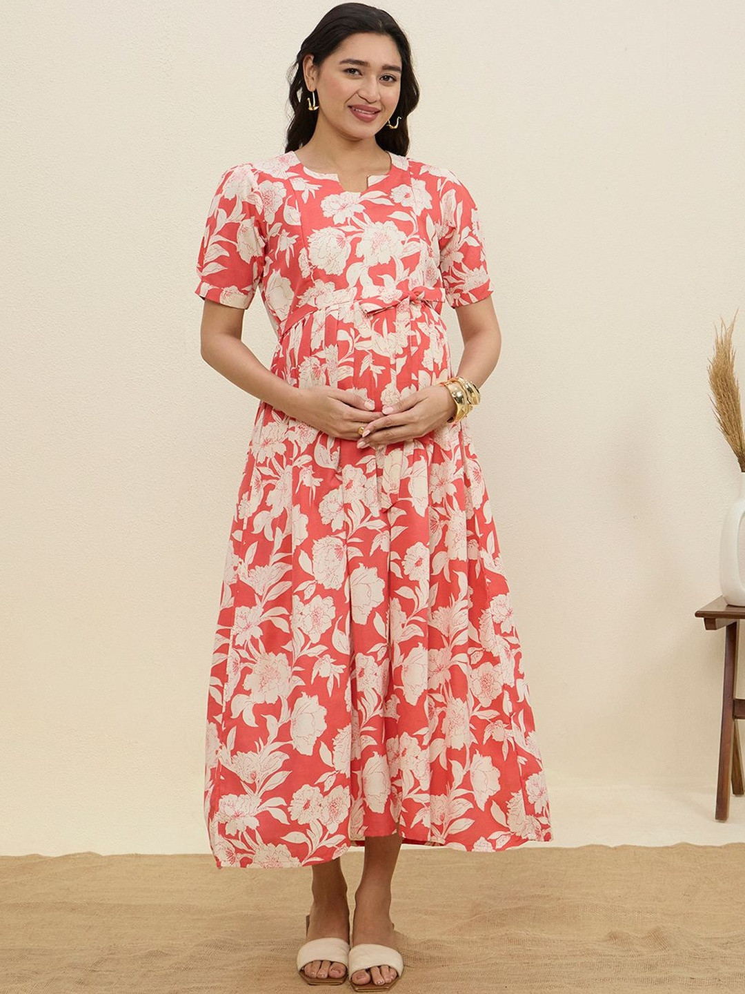 MomToBe Cotton Creamy Floral Polyester Midi Fit & Flare Dress