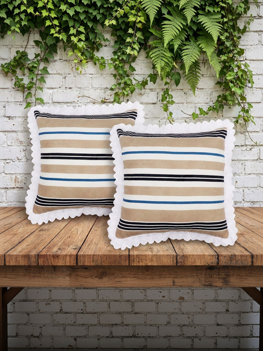 RD TREND Blue Lace Border Cushion Cover Set of 2 16x16 inch