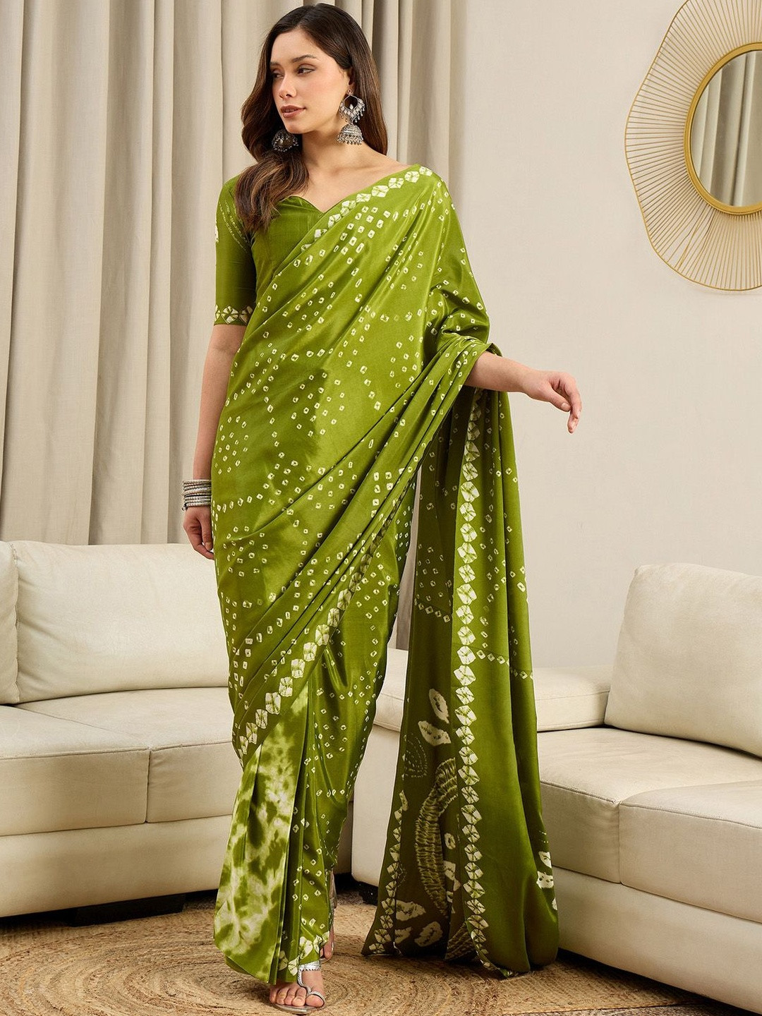 Sangria Bandhani Printed Pure Crepe Ready to Wear Saree With Unstitched Blouse