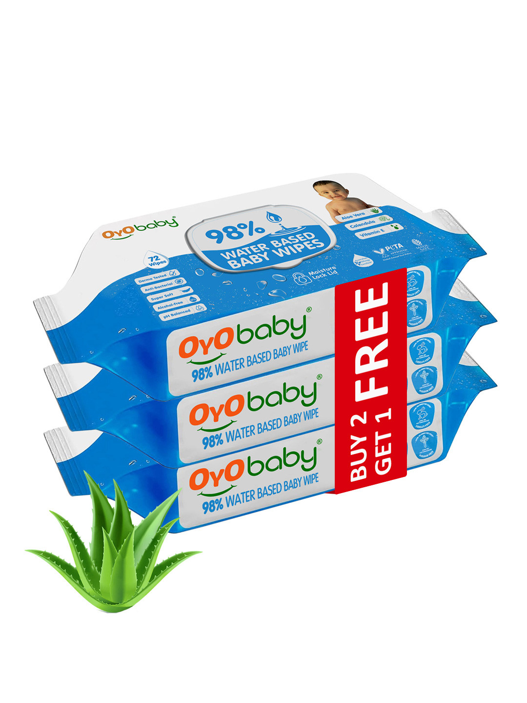 OyO Baby Set of 3 Water Based Baby Wipes with Aloe Vera - 72 Wipes Per Pack