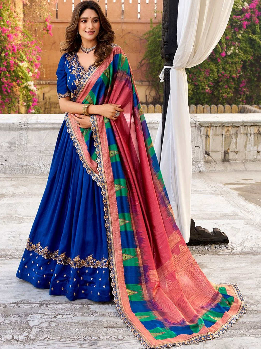 LOOKNBOOK ART Embroidered Thread Work Ready to Wear Lehenga & Blouse With Dupatta