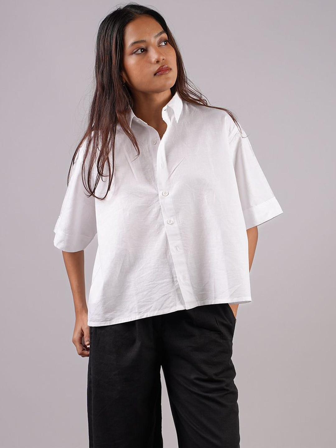 NISHORAMA Oversized Linen Blend Short Sleeves Relaxed Fit Shirt