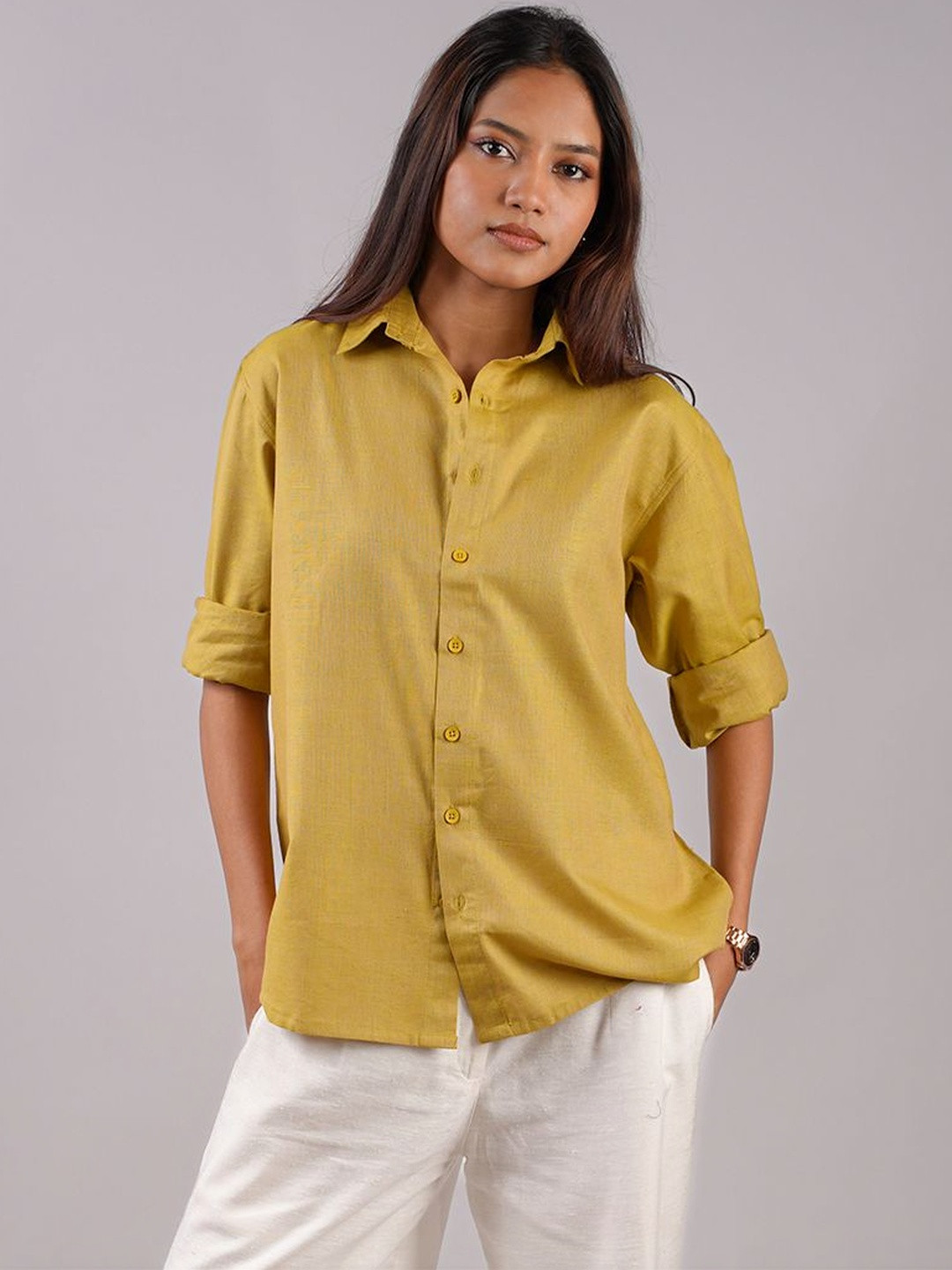 NISHORAMA Oversized Linen Blend Three-Quarter Sleeves Shirt