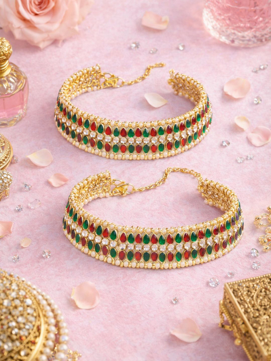 I Jewels Set Of 2 Gold-Plated Green & Red Kundan & Pearl Studded Anklets