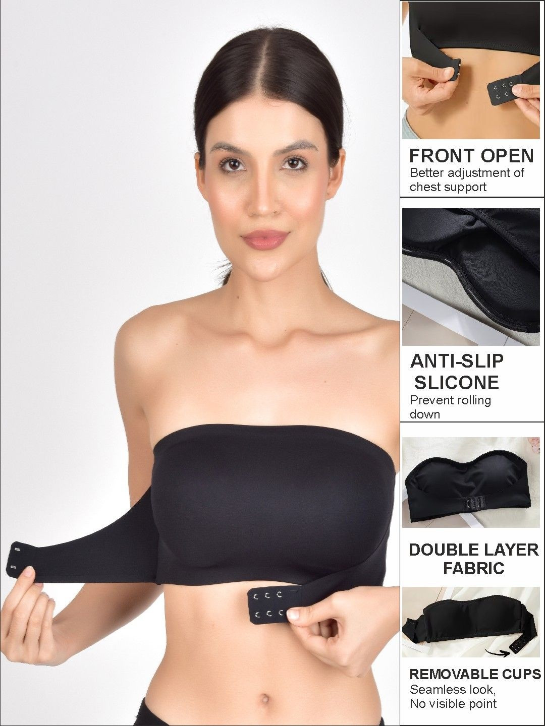 Poftik Front Closure Black Seamless Full Coverage Removable Padding Non-Wired Bandeau Bra